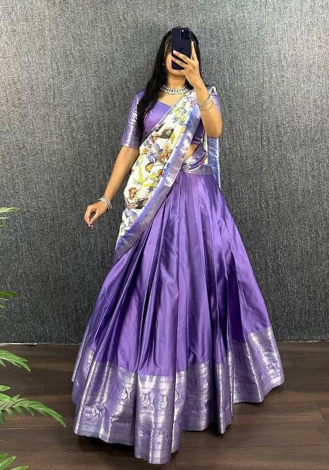 Lavender Printed Silk Blend Lehenga Set