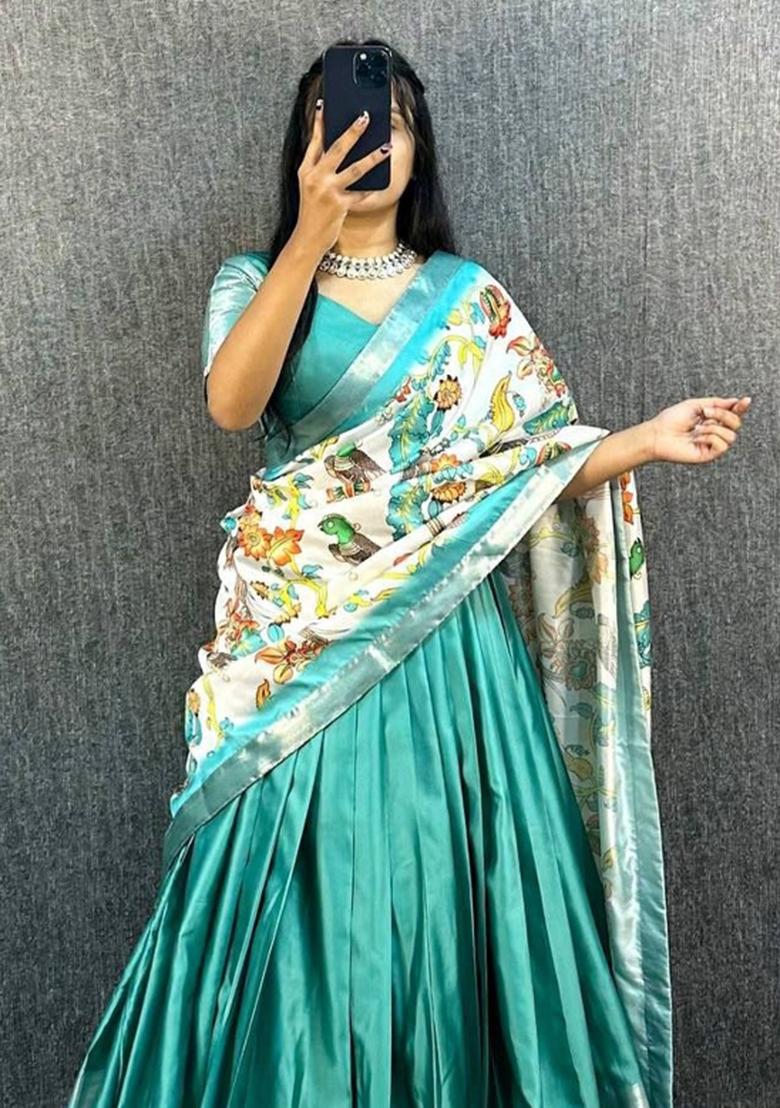 Teal Printed Silk Blend Lehenga Set - Indya