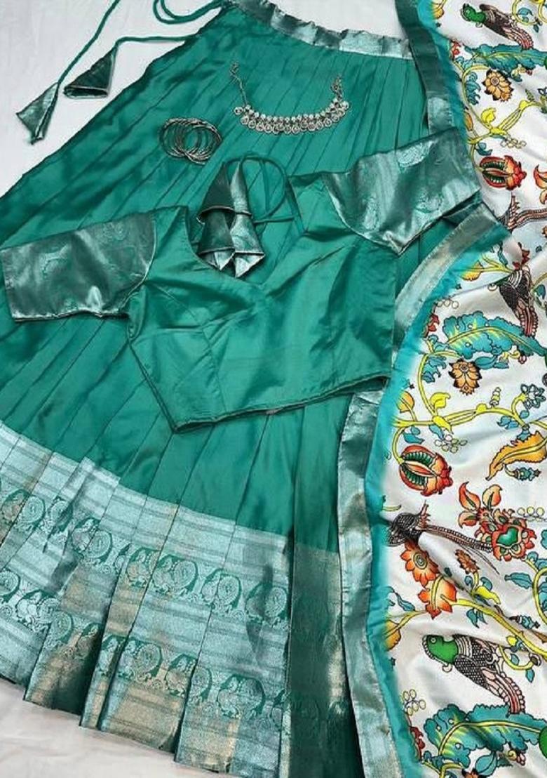 Teal Printed Silk Blend Lehenga Set - Indya