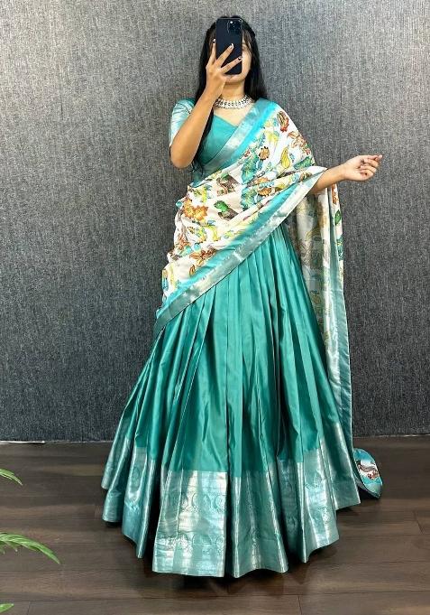 Teal Printed Silk Blend Lehenga Set