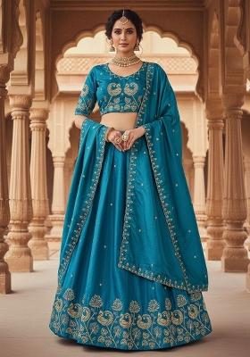 Blue Embroidered Silk Blend Lehenga Set