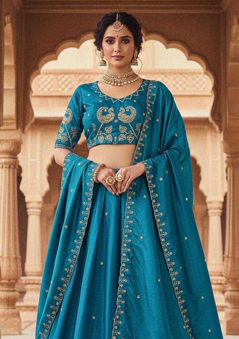 Blue Embroidered Silk Blend Lehenga Set - Indya