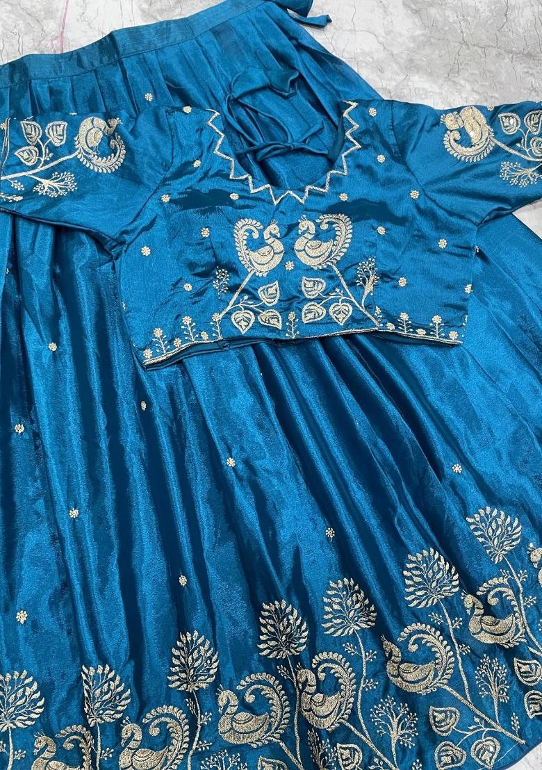 Blue Embroidered Silk Blend Lehenga Set - Indya