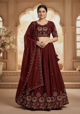 Maroon Embroidered Silk Blend Lehenga Set