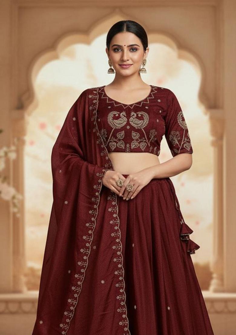 Maroon Embroidered Silk Blend Lehenga Set - Indya