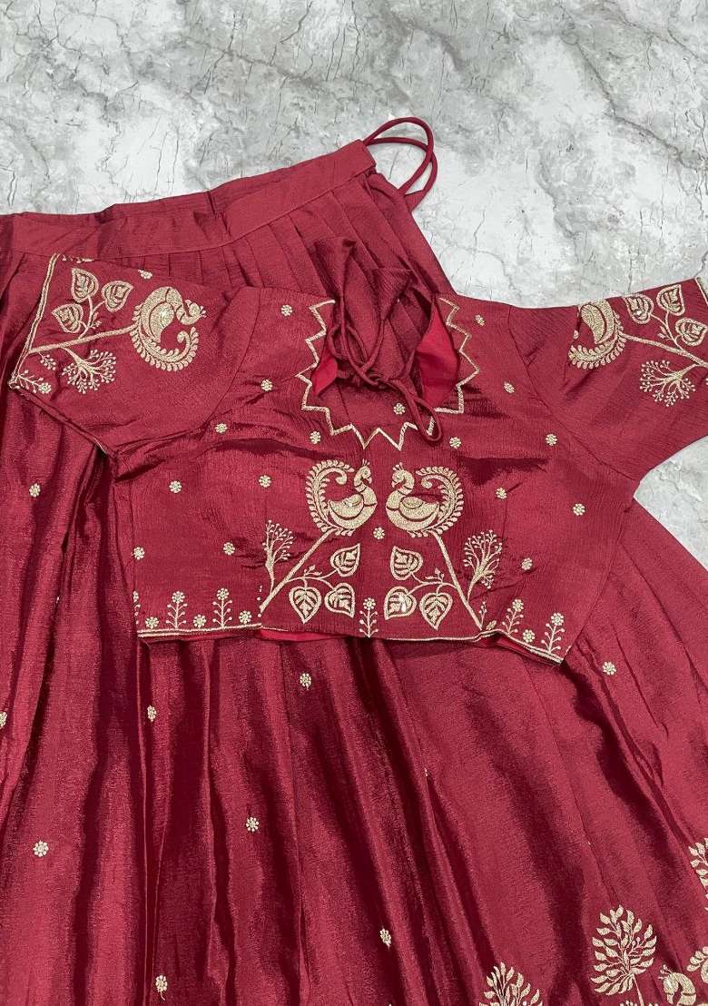Maroon Embroidered Silk Blend Lehenga Set - Indya