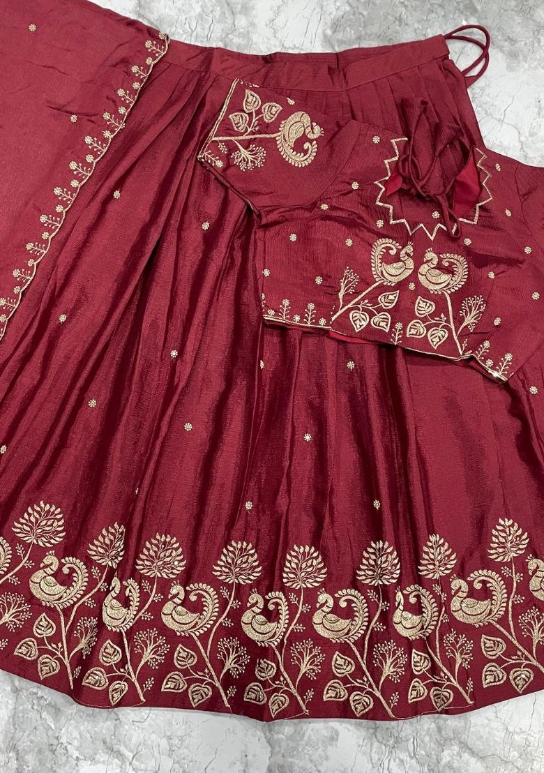 Maroon Embroidered Silk Blend Lehenga Set - Indya