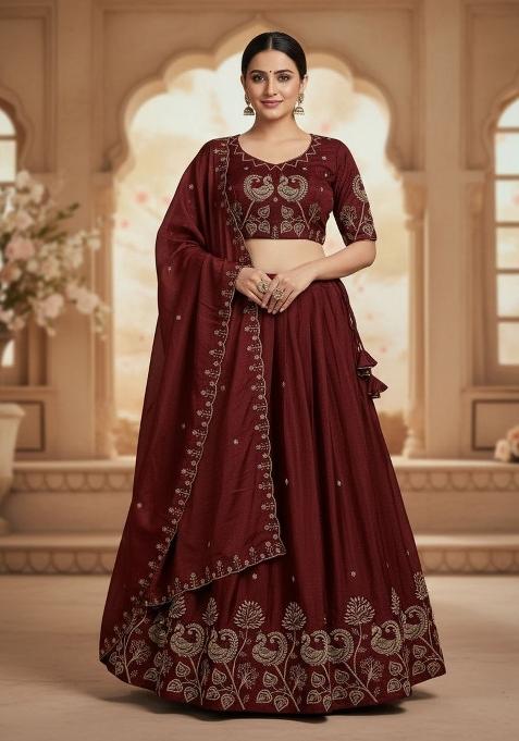 Maroon Embroidered Silk Blend Lehenga Set