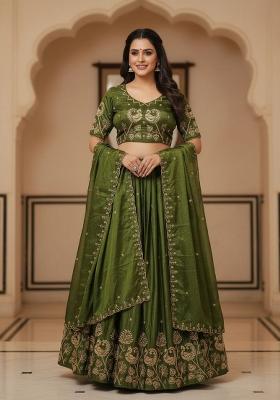 Mehendi Embroidered Silk Blend Lehenga Set