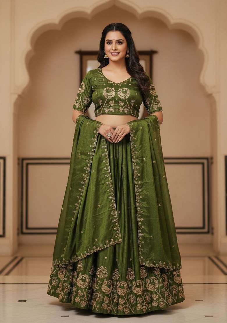 Mehendi Embroidered Silk Blend Lehenga Set - Indya