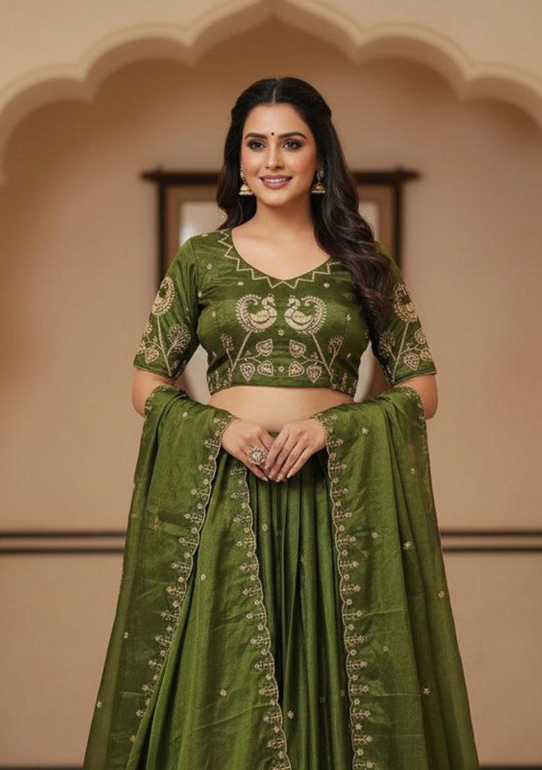 Mehendi Embroidered Silk Blend Lehenga Set - Indya