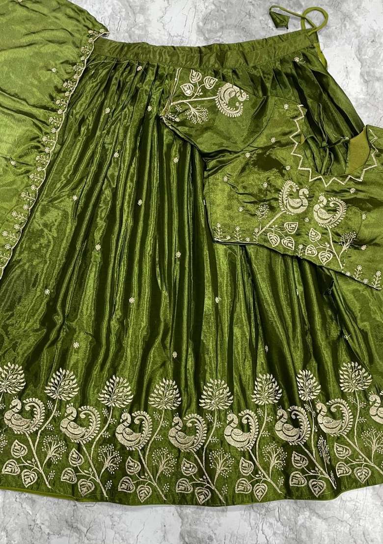 Mehendi Embroidered Silk Blend Lehenga Set - Indya