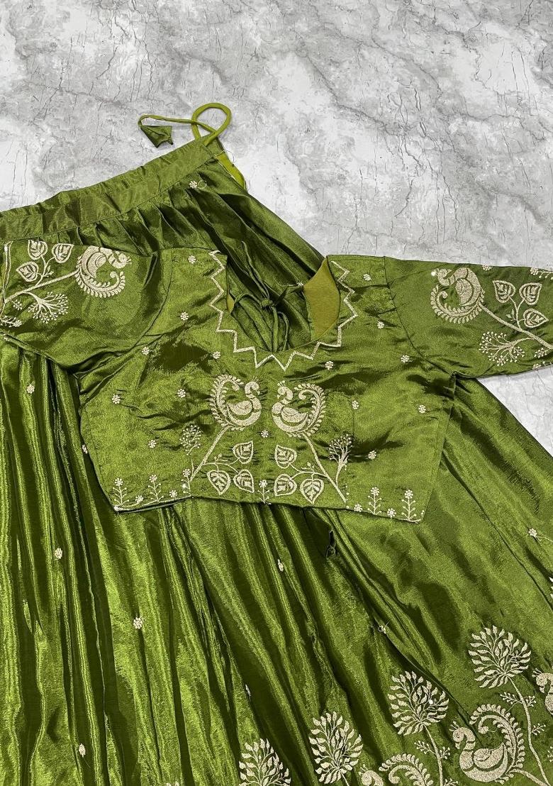 Mehendi Embroidered Silk Blend Lehenga Set - Indya