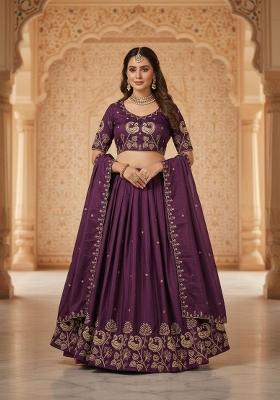 Wine Embroidered Silk Blend Lehenga Set