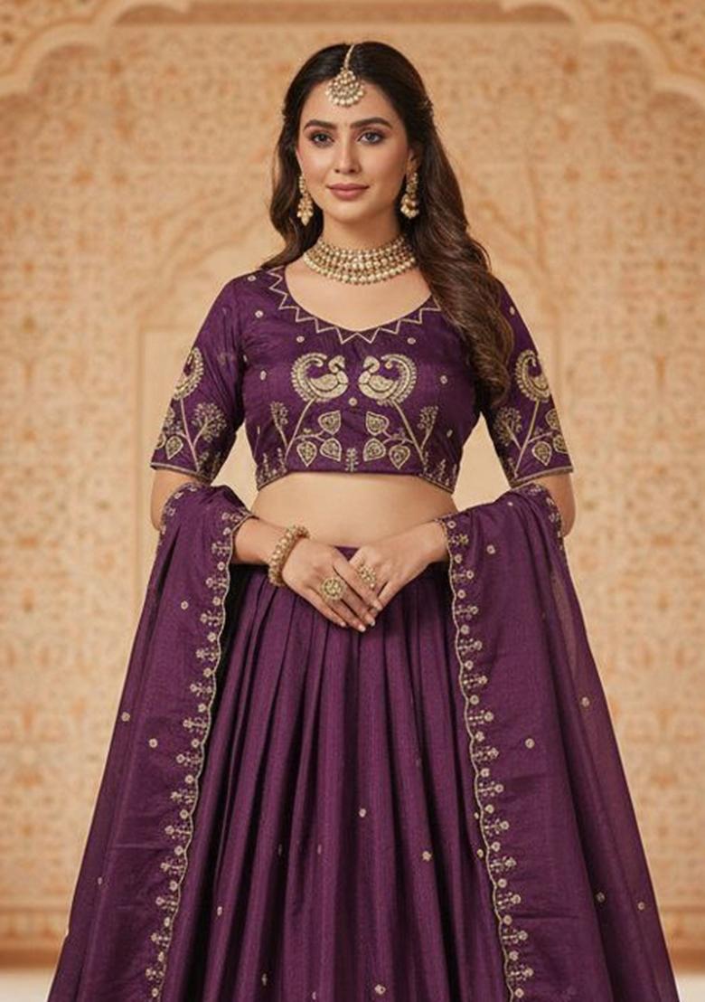 Wine Embroidered Silk Blend Lehenga Set - Indya