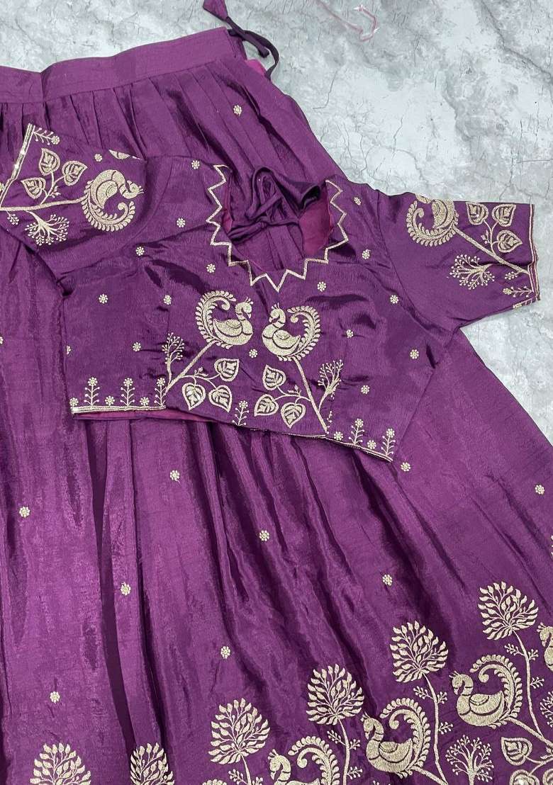 Wine Embroidered Silk Blend Lehenga Set - Indya