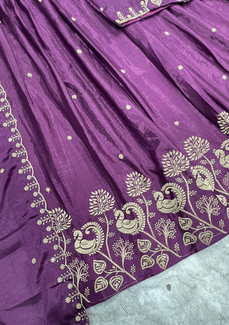 Wine Embroidered Silk Blend Lehenga Set - Indya