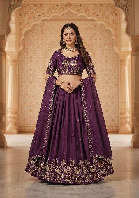 Wine Embroidered Silk Blend Lehenga Set
