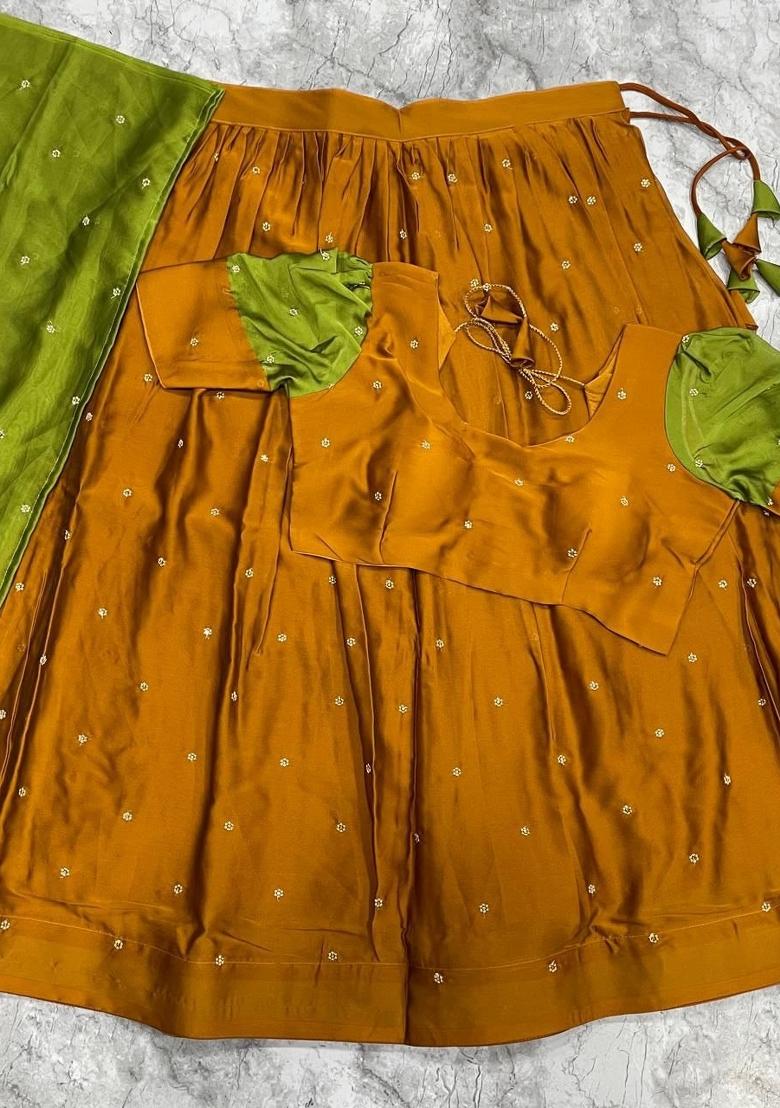 Green Embroidered Silk Blend Lehenga Set - Indya