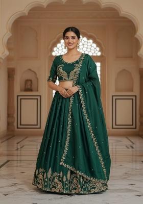 Green Embroidered Silk Blend Lehenga Set