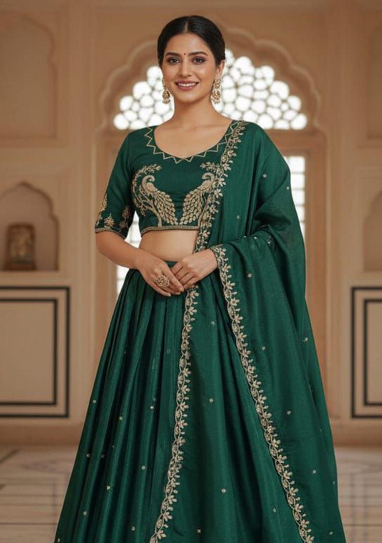 Green Embroidered Silk Blend Lehenga Set - Indya