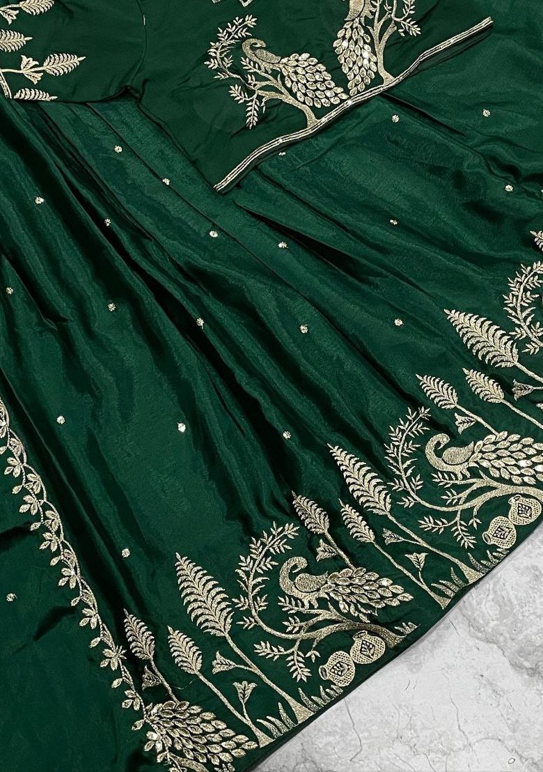 Green Embroidered Silk Blend Lehenga Set - Indya