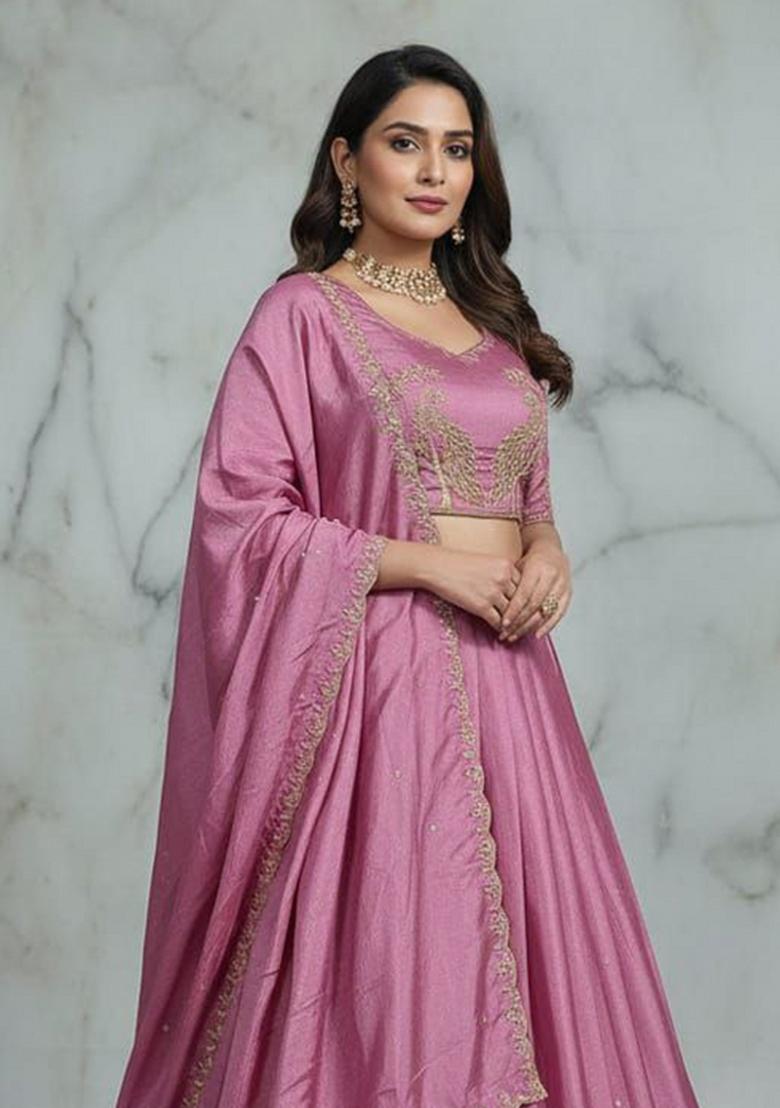 Pink Embroidered Silk Blend Lehenga Set - Indya