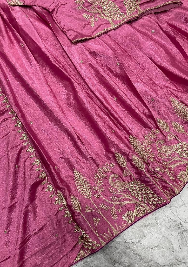 Pink Embroidered Silk Blend Lehenga Set - Indya