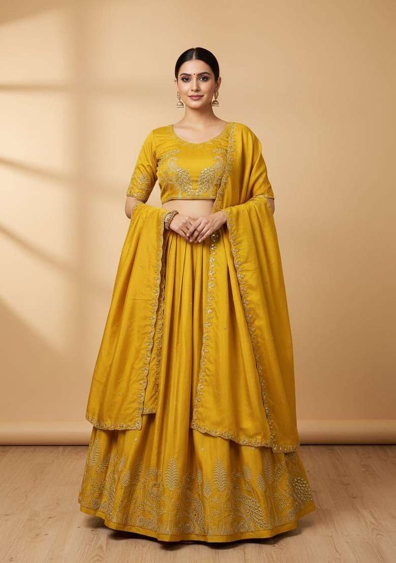 Yellow Embroidered Silk Blend Lehenga Set - Indya
