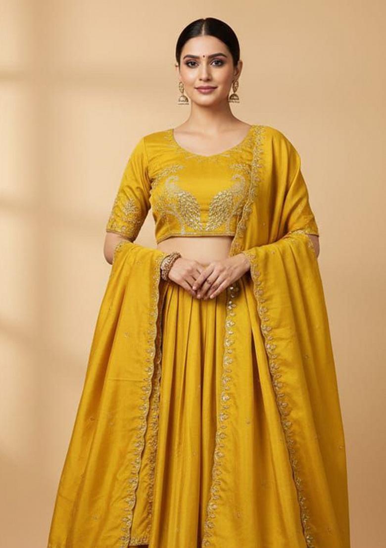 Yellow Embroidered Silk Blend Lehenga Set - Indya