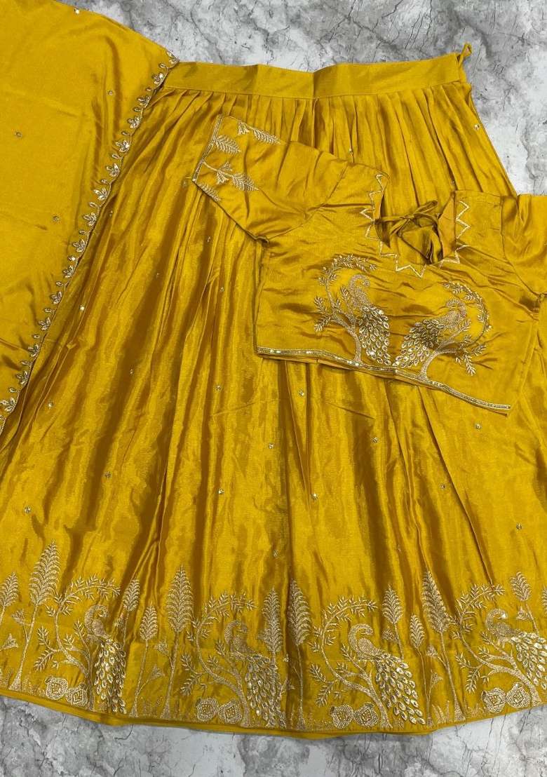 Yellow Embroidered Silk Blend Lehenga Set - Indya