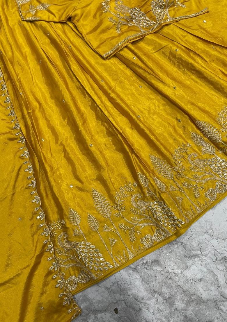 Yellow Embroidered Silk Blend Lehenga Set - Indya
