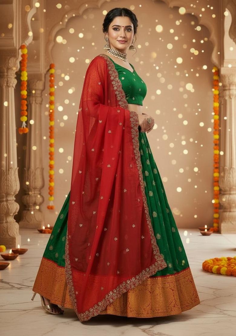 Green Woven Silk Blend Lehenga Set - Indya