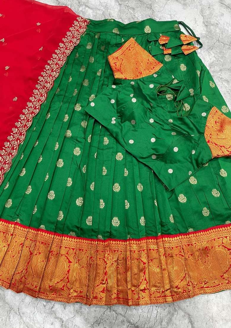 Green Woven Silk Blend Lehenga Set for Diwali and Festive Wear - Indya