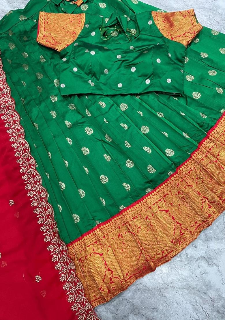Green Woven Silk Blend Lehenga Set - Indya