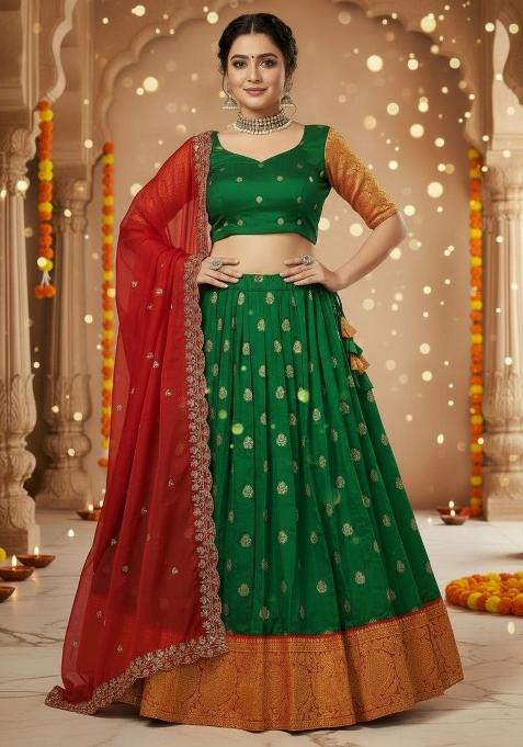 Green Woven Silk Blend Lehenga Set
