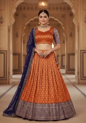 Orange Woven Silk Blend Lehenga Set