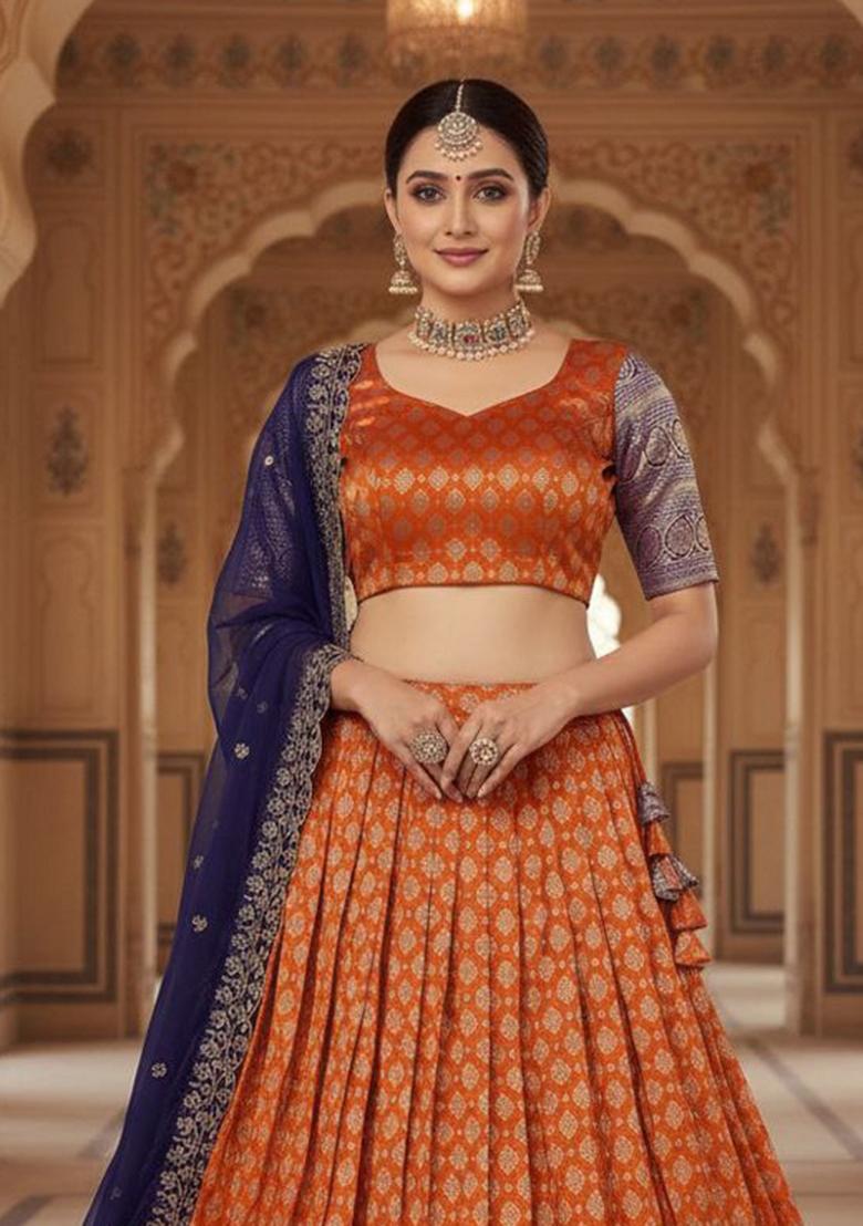 Orange Woven Silk Blend Lehenga Set - Indya