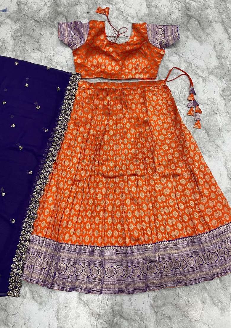 Orange Woven Silk Blend Lehenga Set for Diwali and Festive Wear - Indya