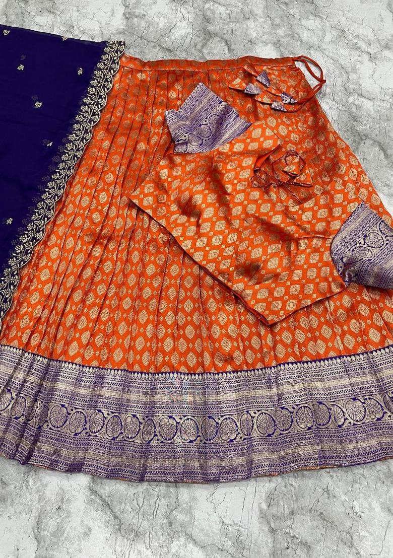 Orange Woven Silk Blend Lehenga Set - Indya