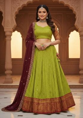 Parrot Green Woven Silk Blend Lehenga Set