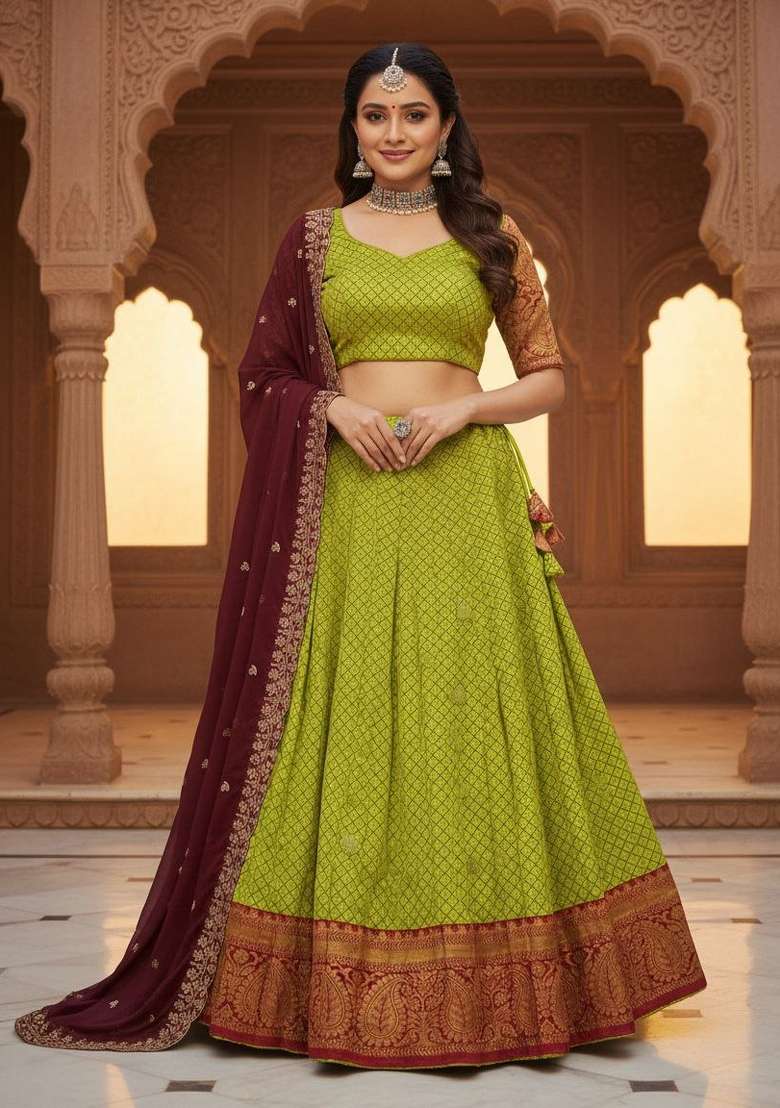 Parrot Green Woven Silk Blend Lehenga Set for Diwali and Festive Wear - Indya