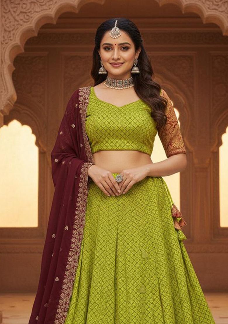 Parrot Green Woven Silk Blend Lehenga Set - Indya