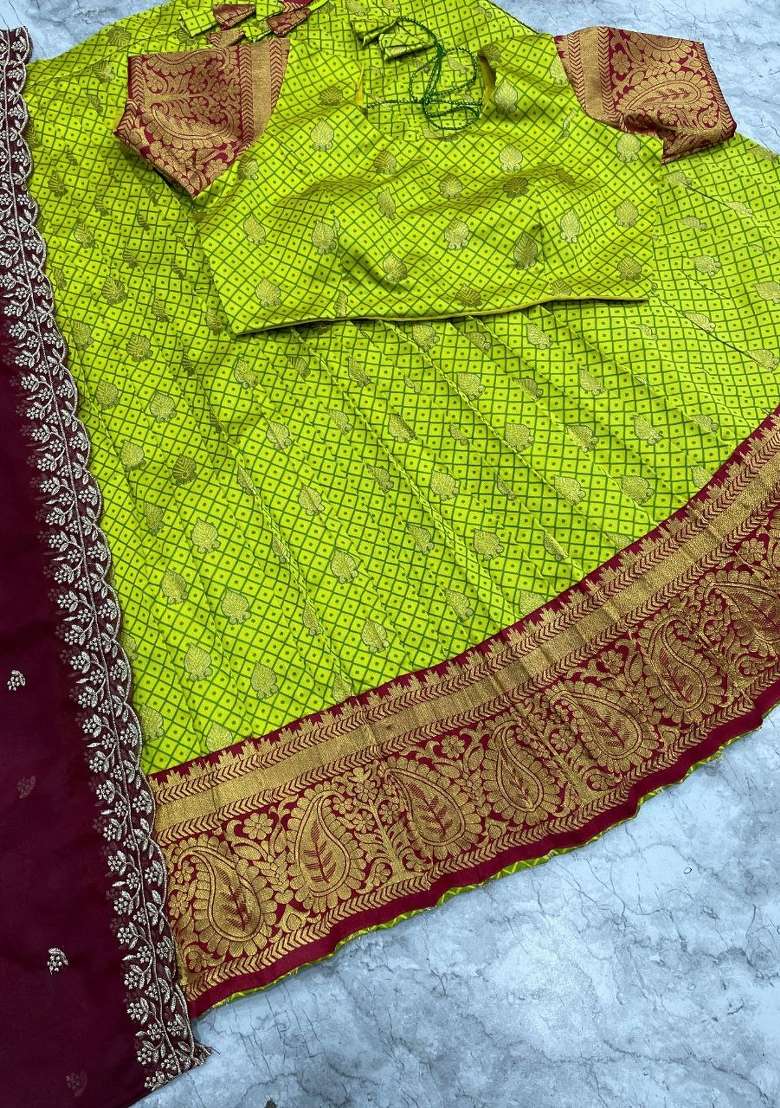 Parrot Green Woven Silk Blend Lehenga Set for Diwali and Festive Wear - Indya