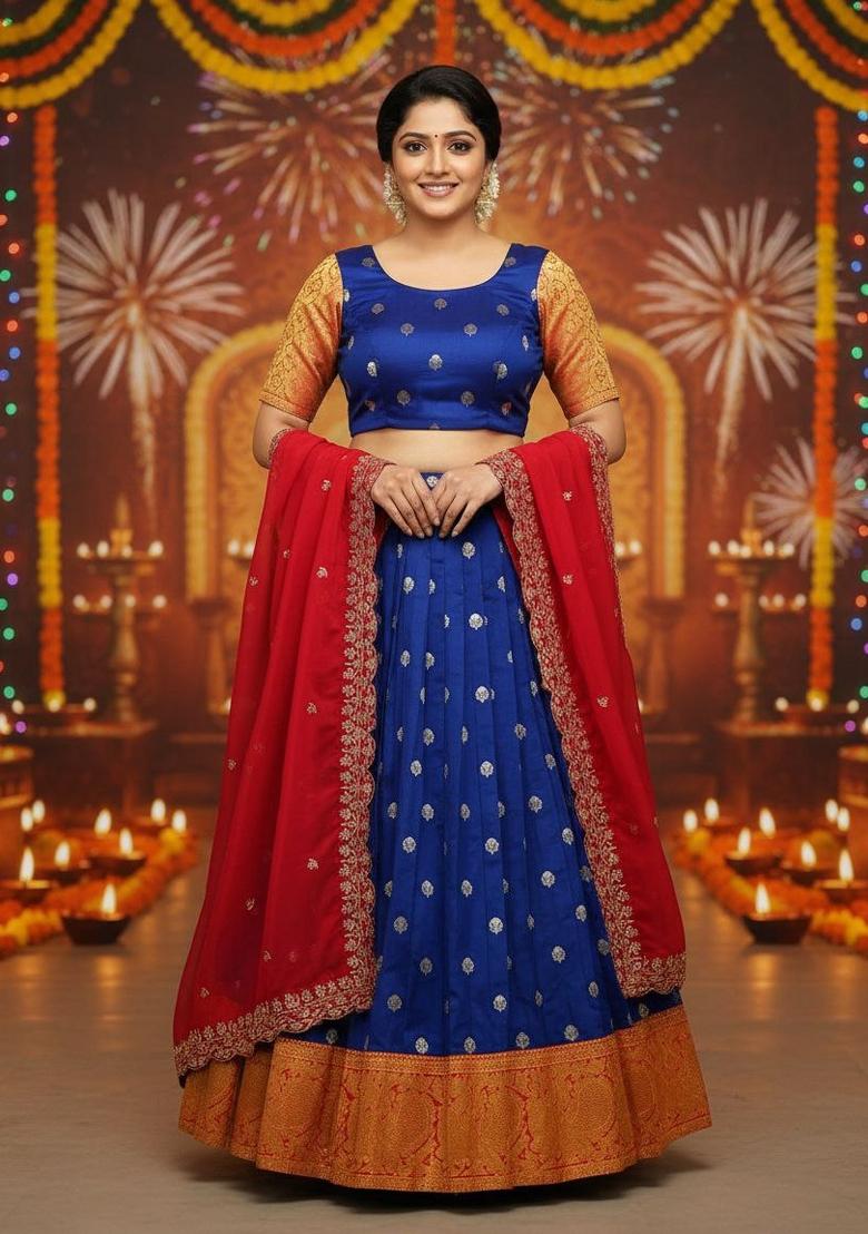 Blue Woven Cotton Lehenga Set - Indya