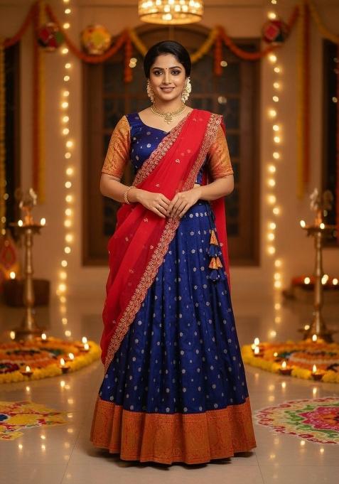 Blue Woven Cotton Lehenga Set