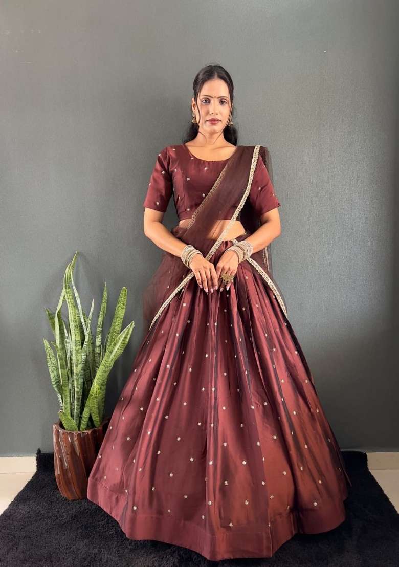Brown Woven Cotton Lehenga Set for Diwali and Festive Wear - Indya