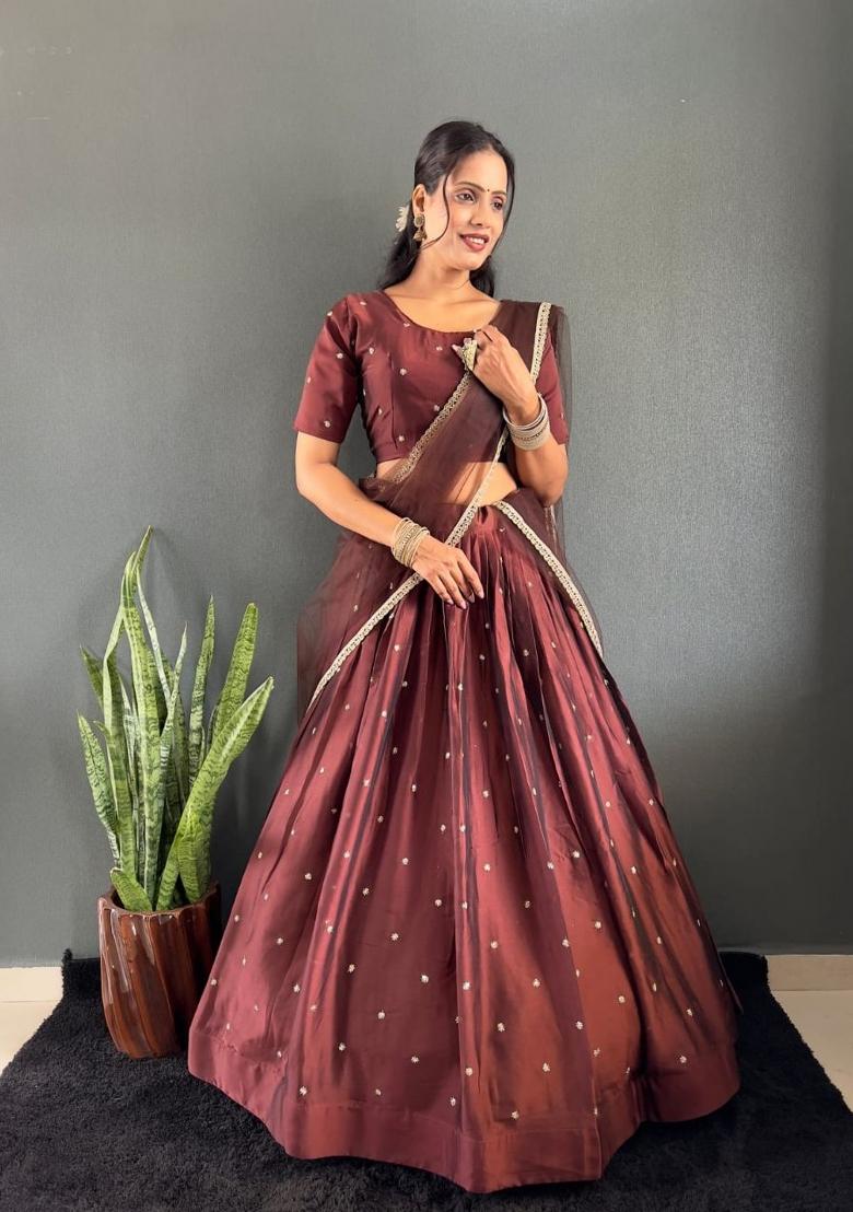 Brown Woven Cotton Lehenga Set - Indya