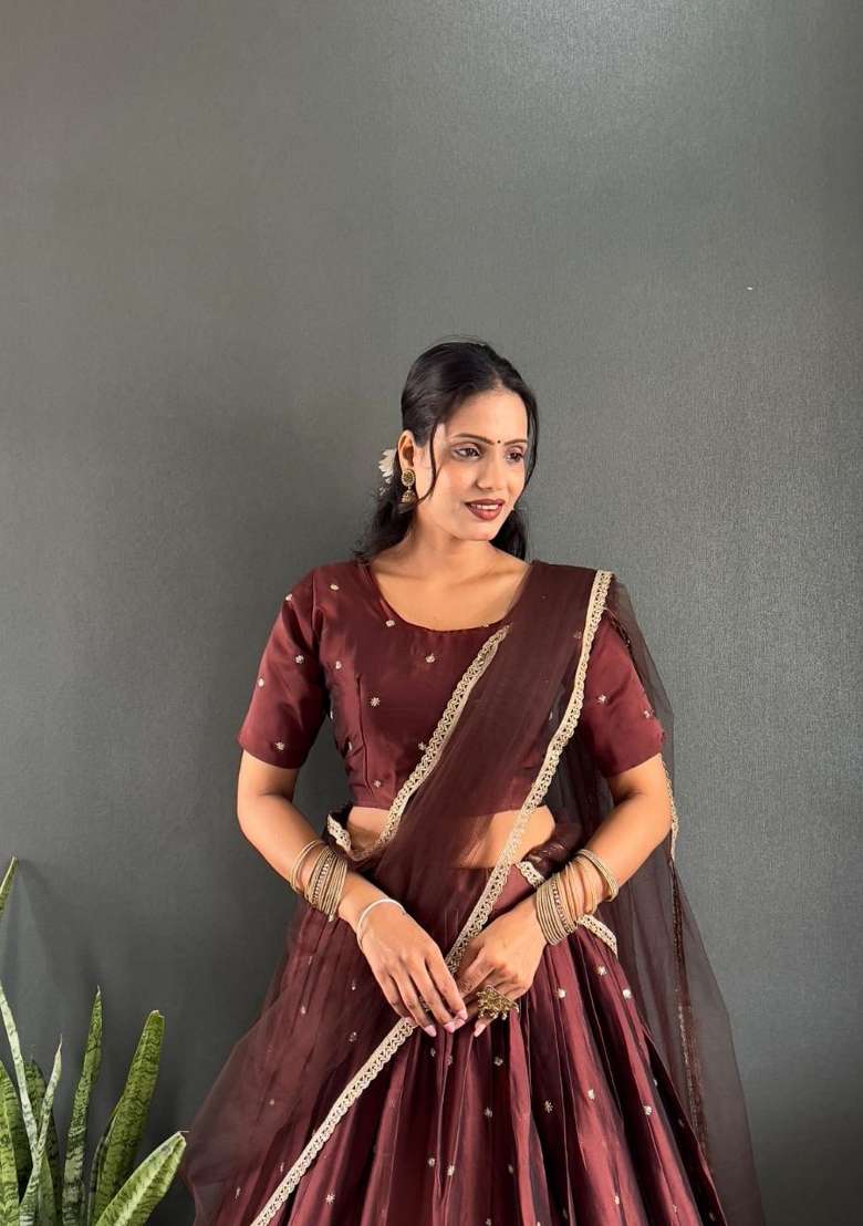 Brown Woven Cotton Lehenga Set for Diwali and Festive Wear - Indya