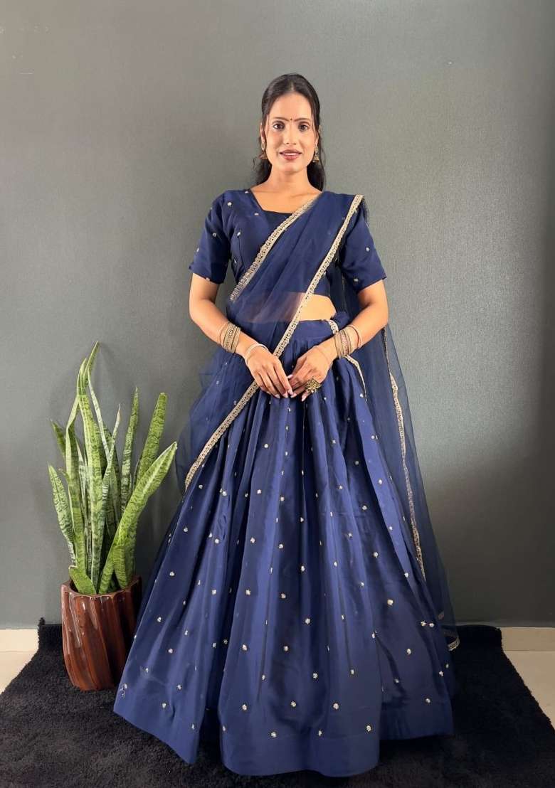 Dark Navy Blue Woven Cotton Lehenga Set for Diwali | Wedding & Festive Wear - Indya